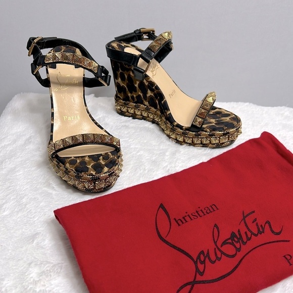 Christian Louboutin Nappa Leopard Pira Ryad 110 Wedge Sandal Black Marron 35 - Picture 2 of 13